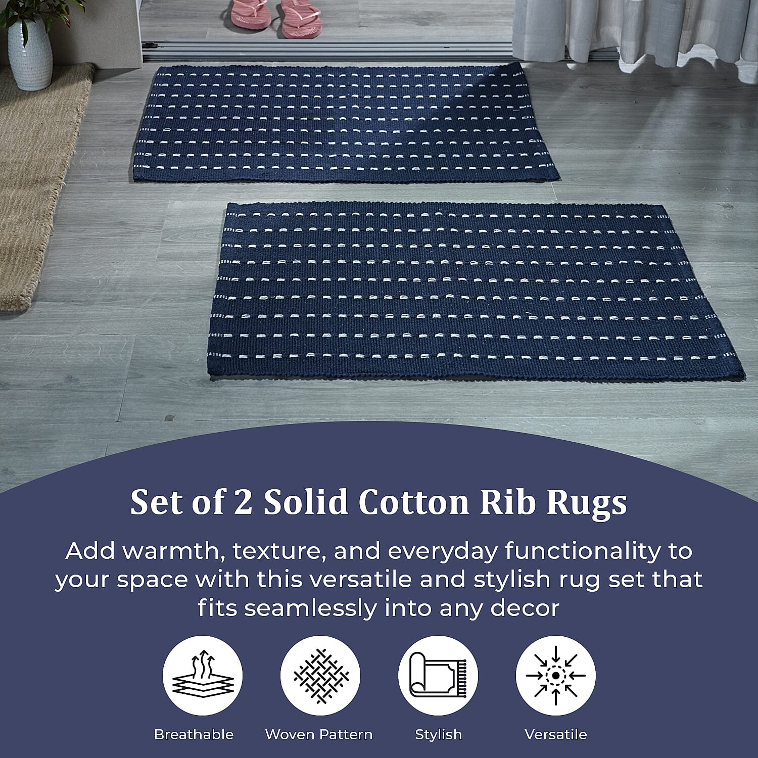 Set of 2 - Cotton Rugs- Door Mat (Size 50x80cm) - Navy