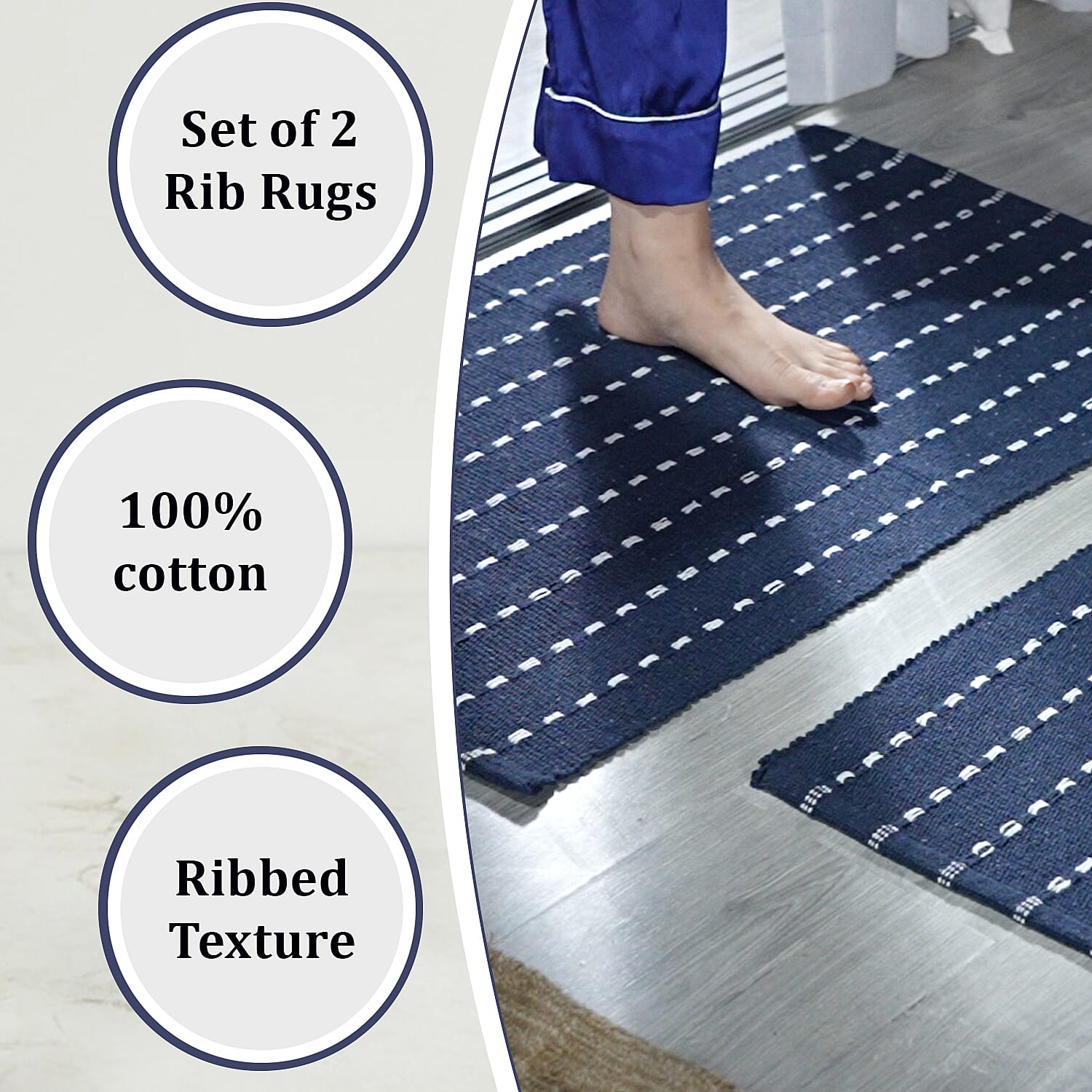Set of 2 - Cotton Rugs- Door Mat (Size 50x80cm) - Navy
