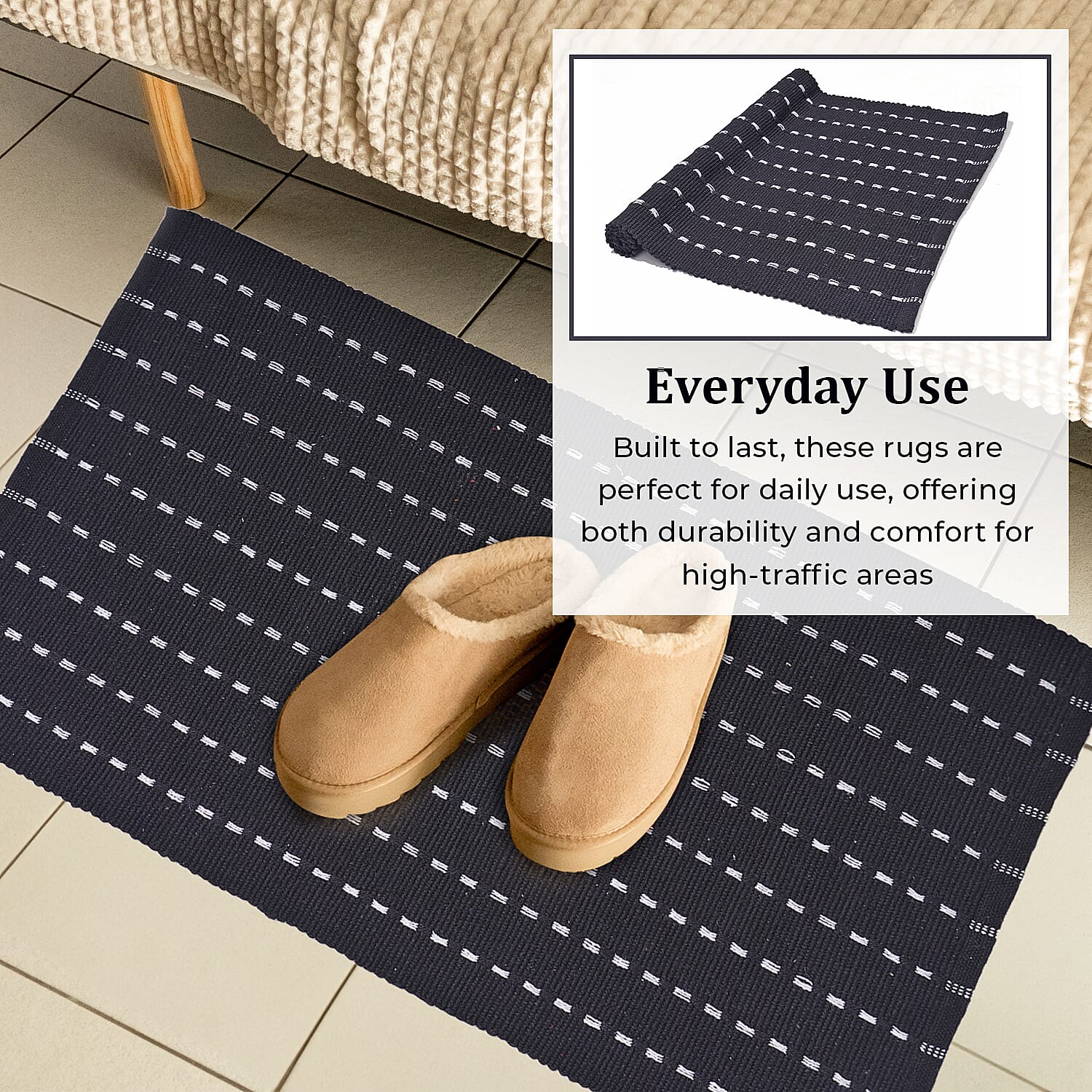 Set of 2 - Cotton Rugs- Door Mat (Size 50x80cm) - Black