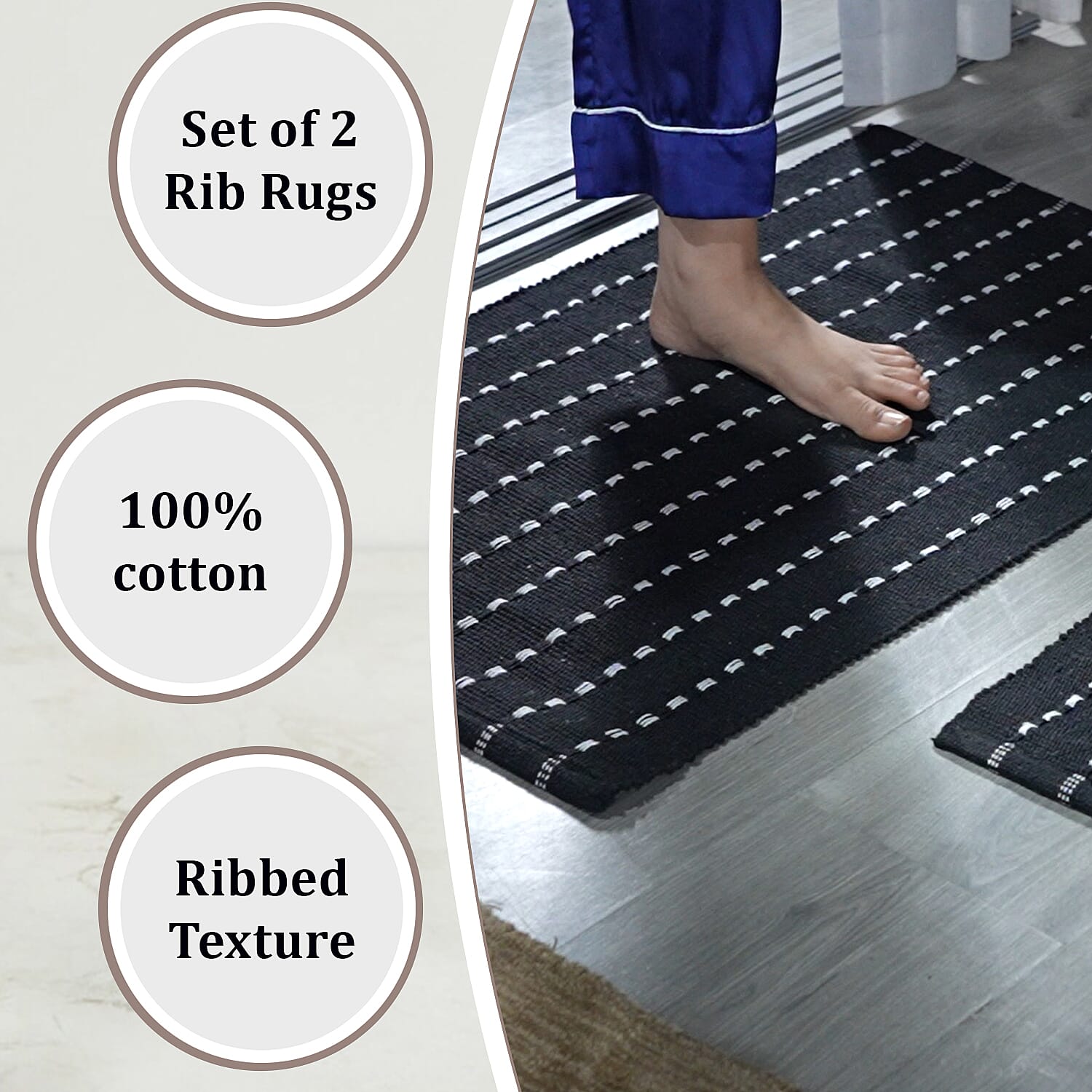 Set of 2 - Cotton Rugs- Door Mat (Size 50x80cm) - Black