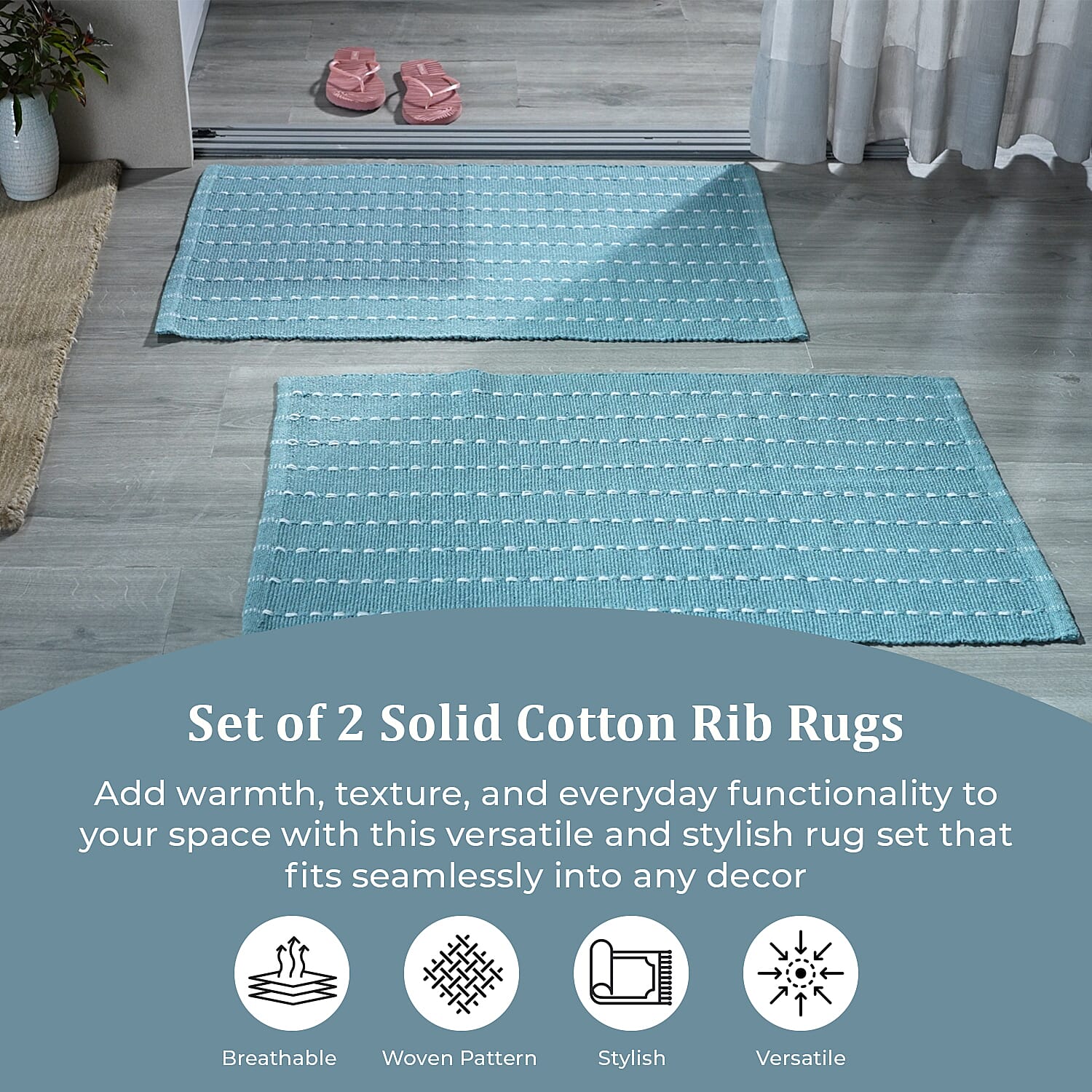 Set of 2 - Cotton Rugs- Door Mat (Size 50x80cm) - Sky Blue