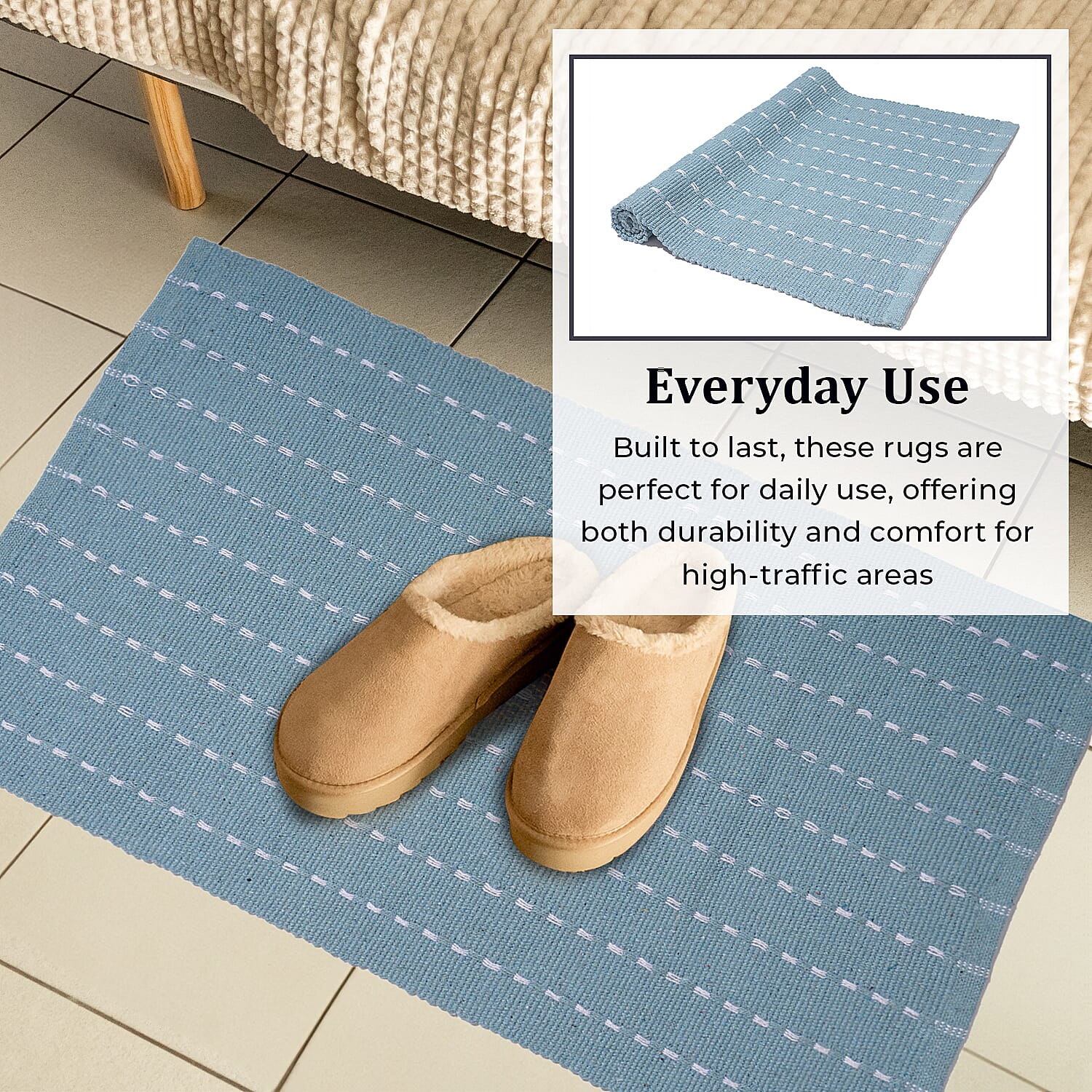 Set of 2 - Cotton Rugs- Door Mat (Size 50x80cm) - Sky Blue