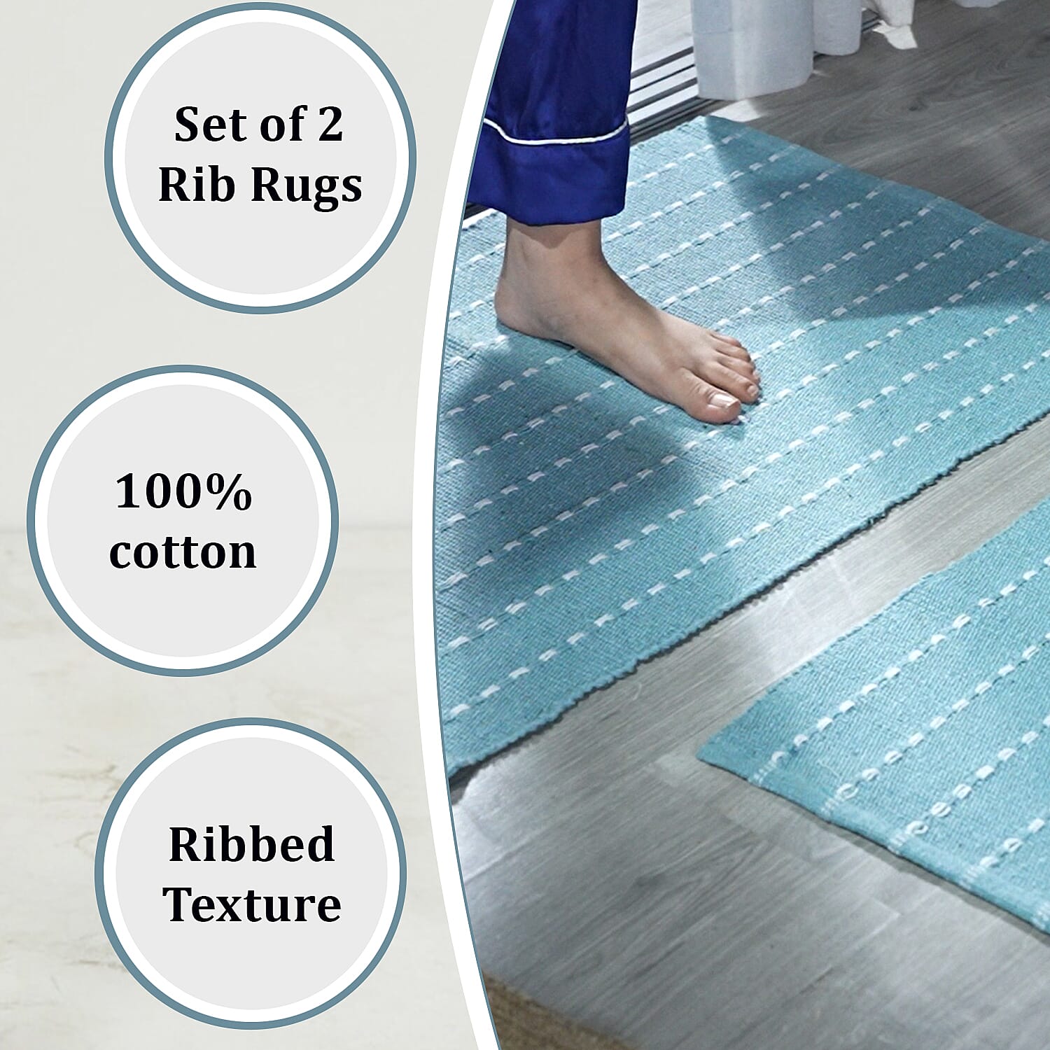Set of 2 - Cotton Rugs- Door Mat (Size 50x80cm) - Sky Blue