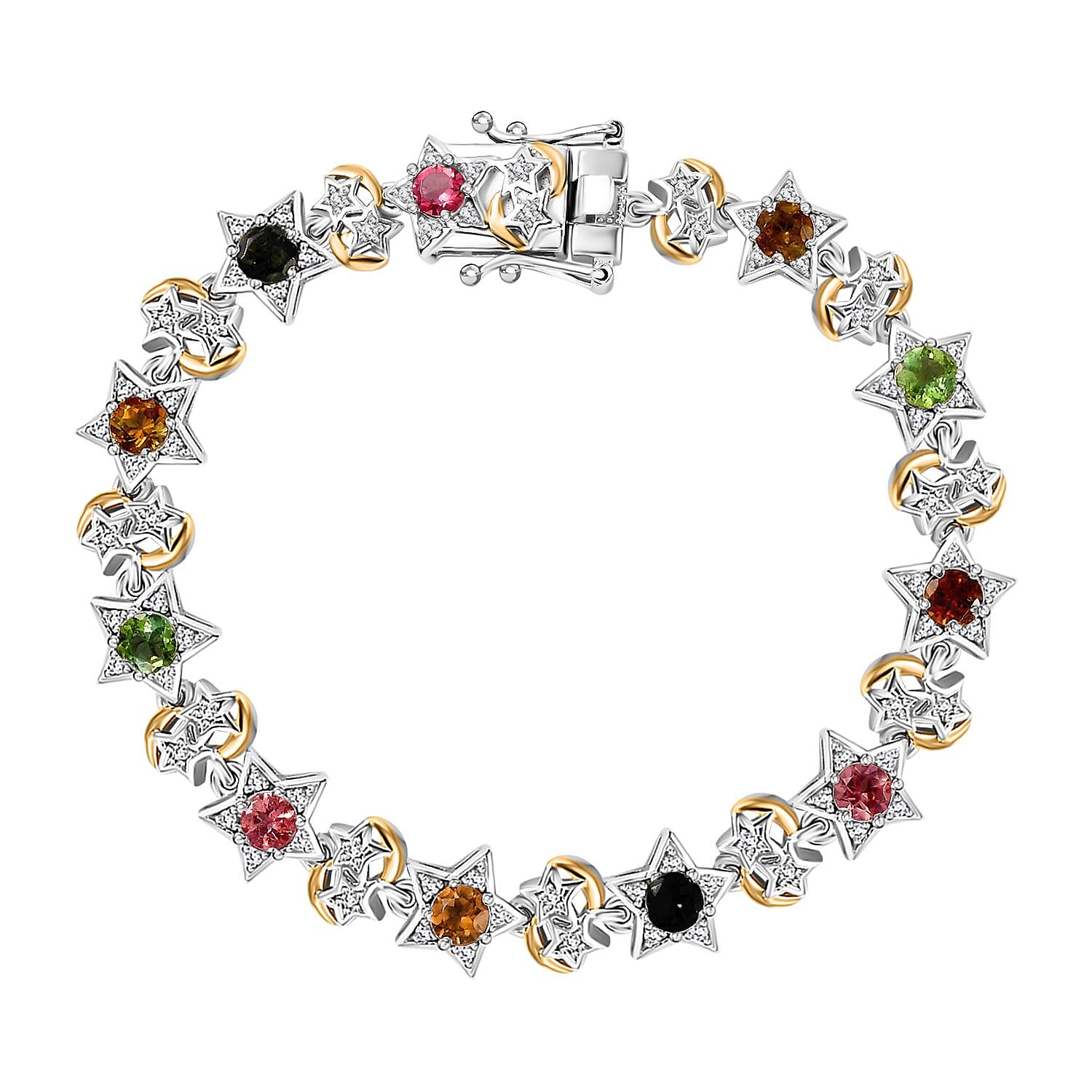 GP Celestial Collection - Multi-Tourmaline, Blue Sapphire & White Zircon Line Bracelet 1 Row (Size - 7.5) in 18K Vermeil Yellow Gold Plated in Rodium Sterling Silver 4.55 Ct
