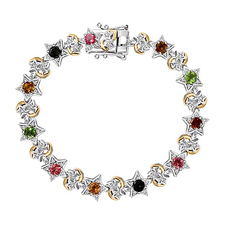 GP Celestial Collection - Multi-Tourmaline, Blue Sapphire & White Zircon Line Bracelet 1 Row (Size - 7.5) in 18K Vermeil Yellow Gold Plated in Rodium Sterling Silver 4.55 Ct
