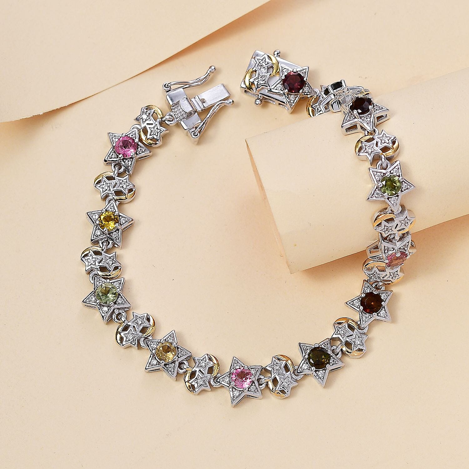 GP Celestial Collection - Multi-Tourmaline, Blue Sapphire & White Zircon Line Bracelet 1 Row (Size - 7.5) in 18K Vermeil Yellow Gold Plated in Rodium Sterling Silver 4.55 Ct