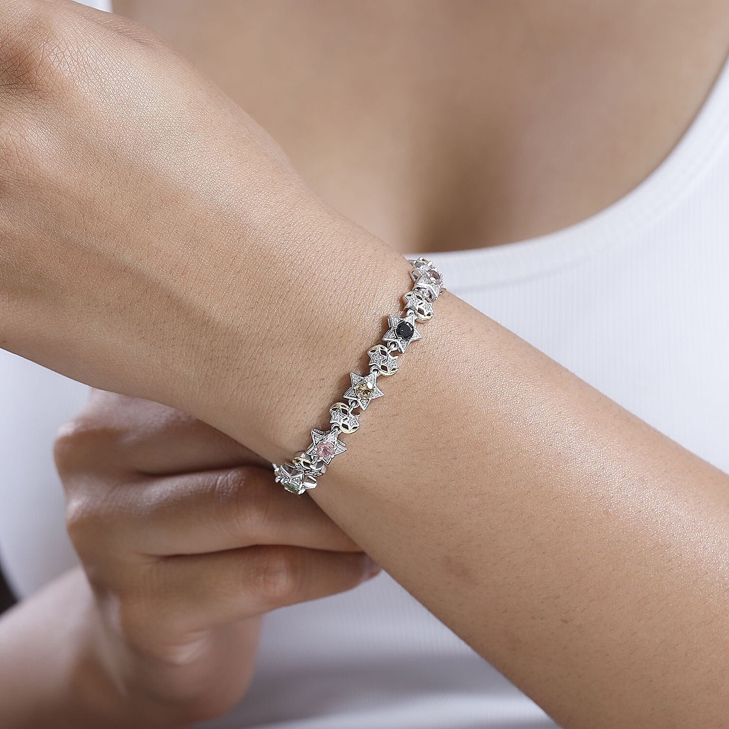 GP Celestial Collection - Multi-Tourmaline, Blue Sapphire & White Zircon Line Bracelet 1 Row (Size - 7.5) in 18K Vermeil Yellow Gold Plated in Rodium Sterling Silver 4.55 Ct