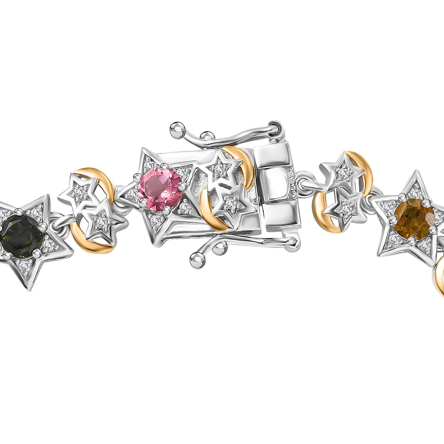 GP Celestial Collection - Multi-Tourmaline, Blue Sapphire & White Zircon Line Bracelet 1 Row (Size - 7.5) in 18K Vermeil Yellow Gold Plated in Rodium Sterling Silver 4.55 Ct