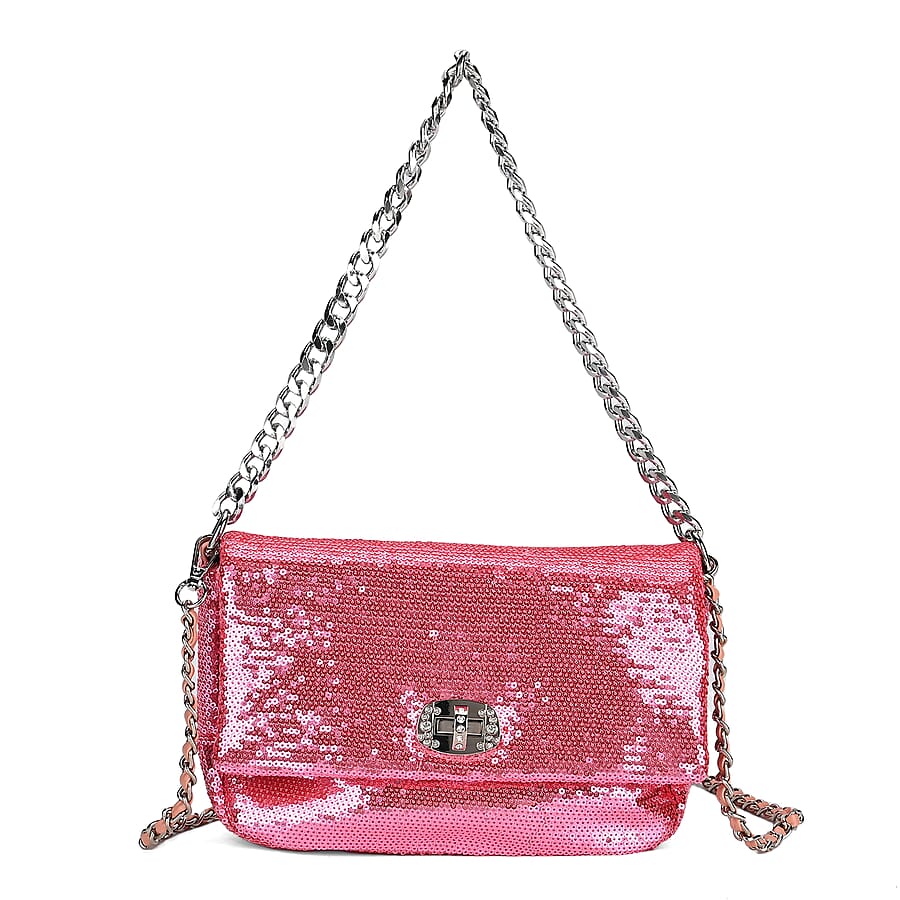 Leatherette Sequin Crossbody Bag with 2 Metal Chain - Pink