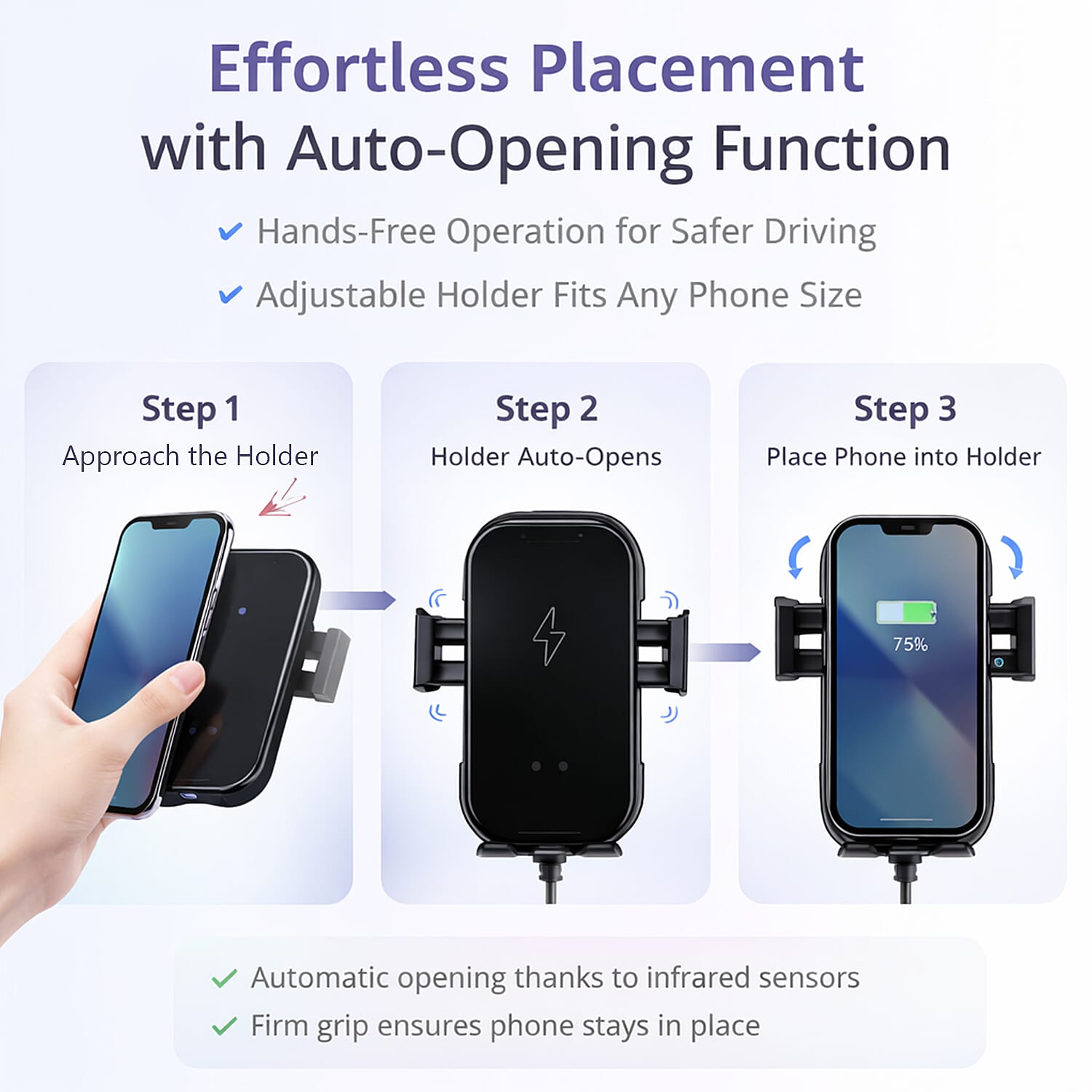 Dashboard 2-in-1 Wireless Car Charger and Holder - Auto Opening (Power 10w-15w) - Black