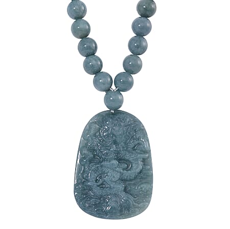 Olmec Jadeite Dragon Carved Pendant Necklace (Size - 20) in Rhodium Overlay Sterling Silver