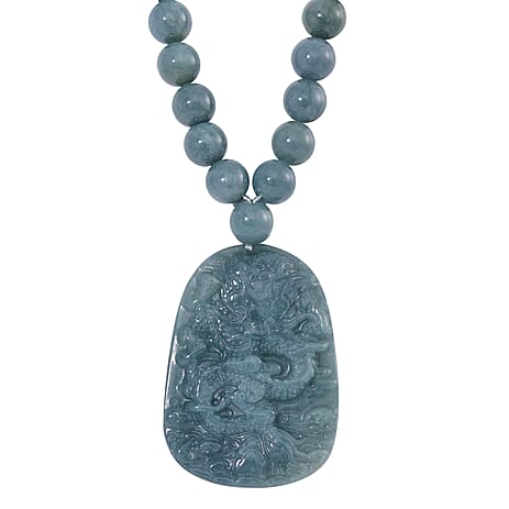 Guatemala Natural Type A Olmec Jadeite Carved Dragon Necklace with Magnetic Clasp (Size - 20) in Rhodium Overlay Sterling Silver 500.0 Ct.
