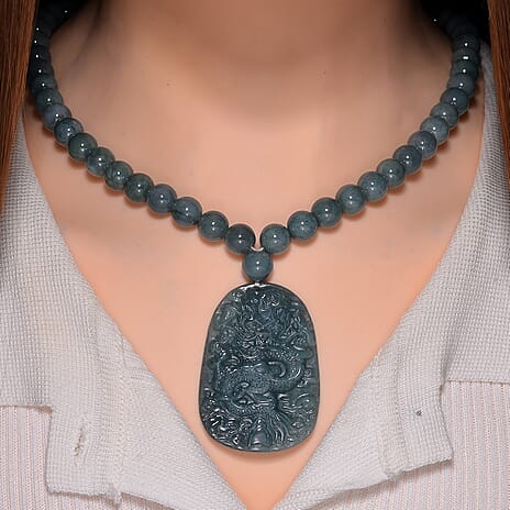 Guatemala Natural Type A Olmec Jadeite Carved Dragon Necklace with Magnetic Clasp (Size - 20) in Rhodium Overlay Sterling Silver 500.0 Ct.