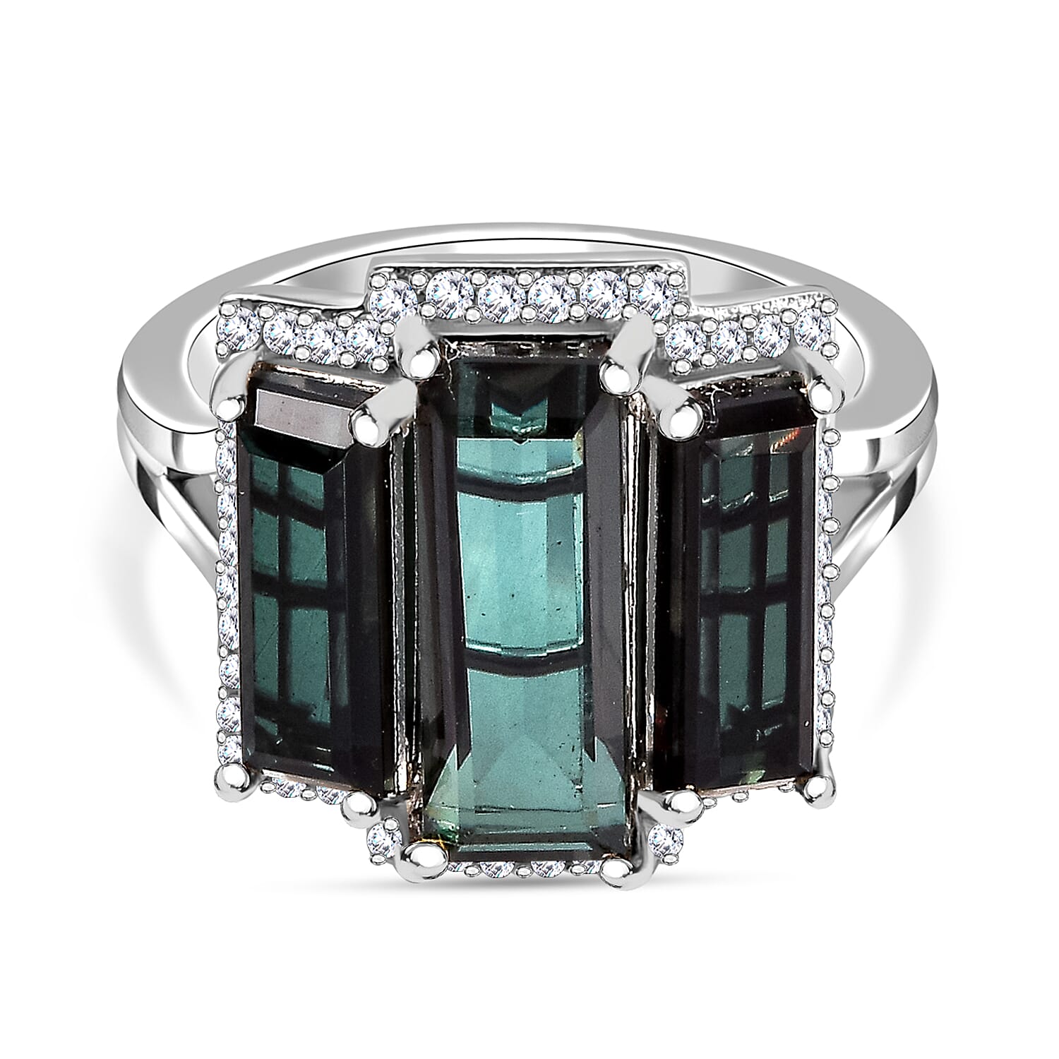 Alexandrite Triplet Quartz, White Zircon Trilogy Ring in Rhodium Overlay Sterling Silver 5.58 Ct.