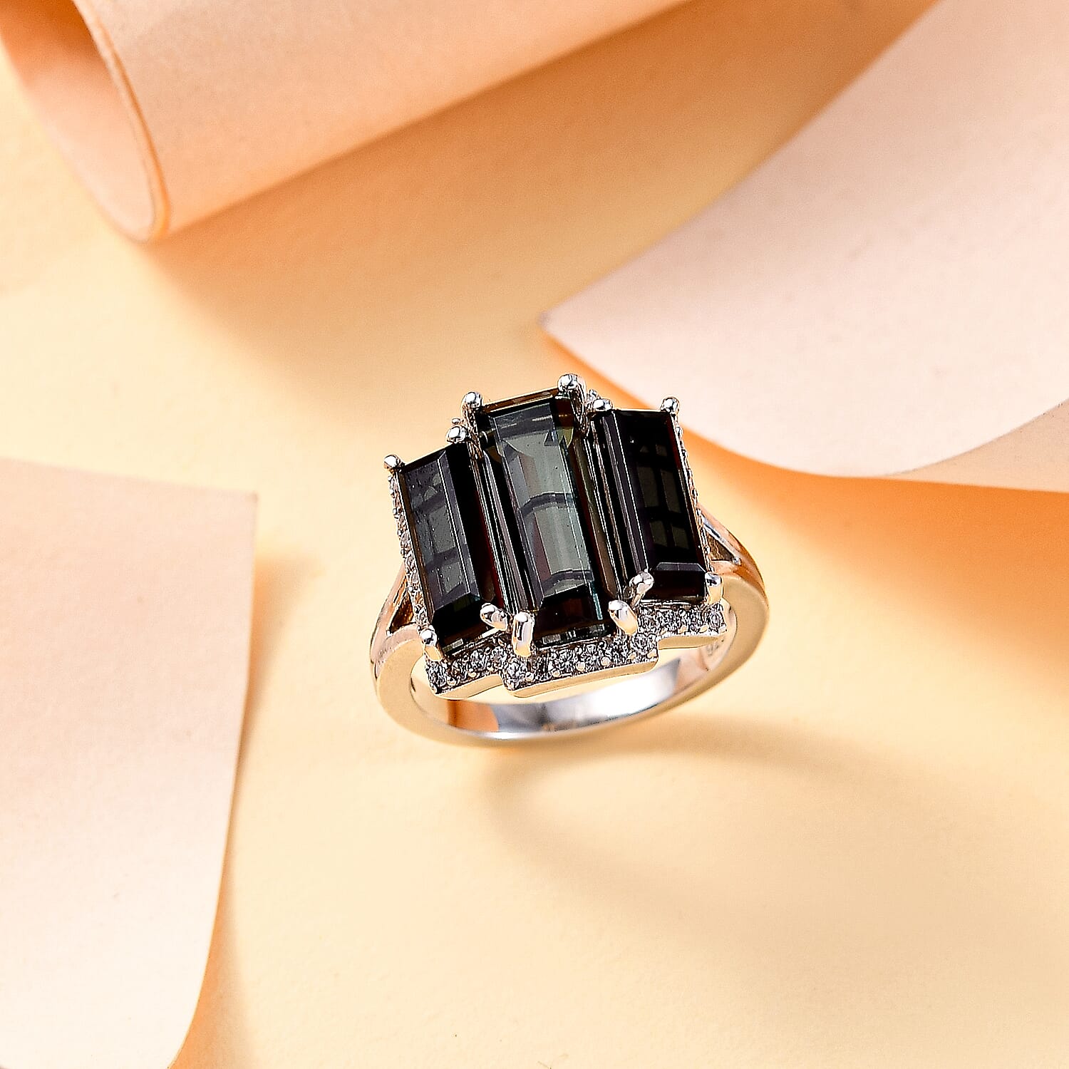 Alexandrite Triplet Quartz, White Zircon Trilogy Ring in Rhodium Overlay Sterling Silver 5.58 Ct.