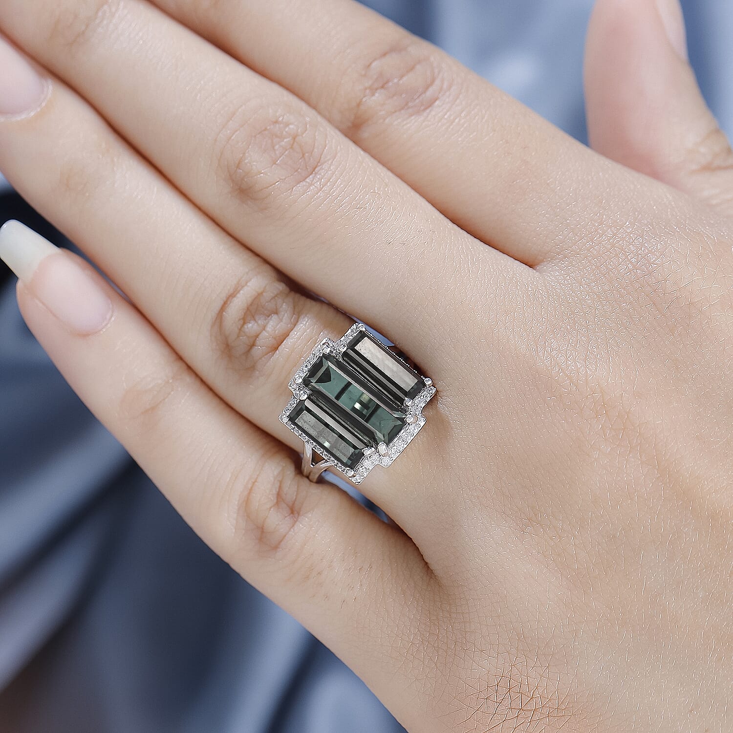 Alexandrite Triplet Quartz, White Zircon Trilogy Ring in Rhodium Overlay Sterling Silver 5.58 Ct.