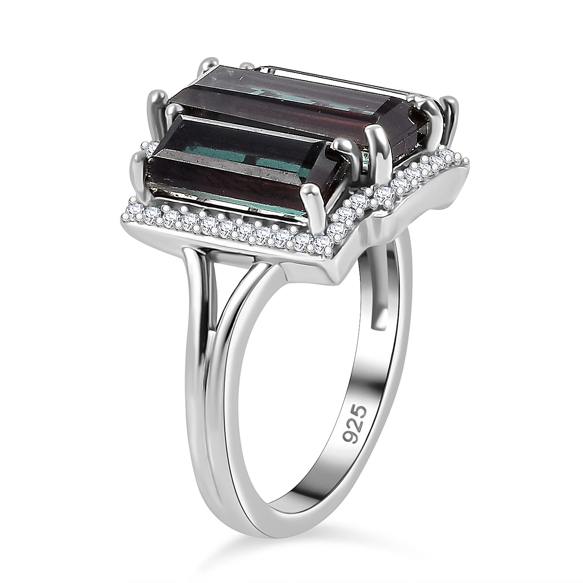 Alexandrite Triplet Quartz, White Zircon Trilogy Ring in Rhodium Overlay Sterling Silver 5.58 Ct.