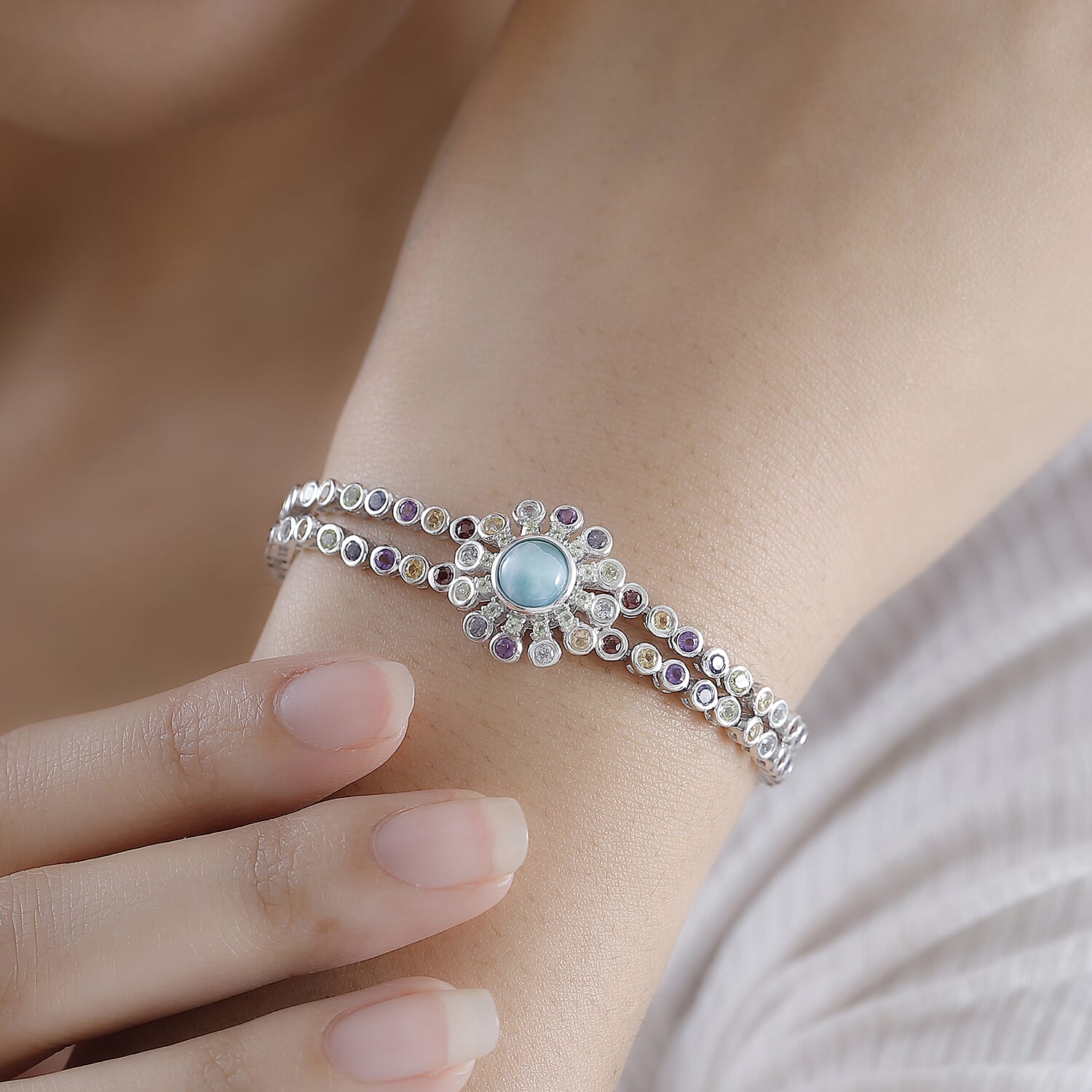 Natural Larimar & Multi Gemstones Bracelet (Size - 7.5) in Rhodium Overlay Sterling Silver 5.58 Ct, Silver Wt. 11.12 Gms.