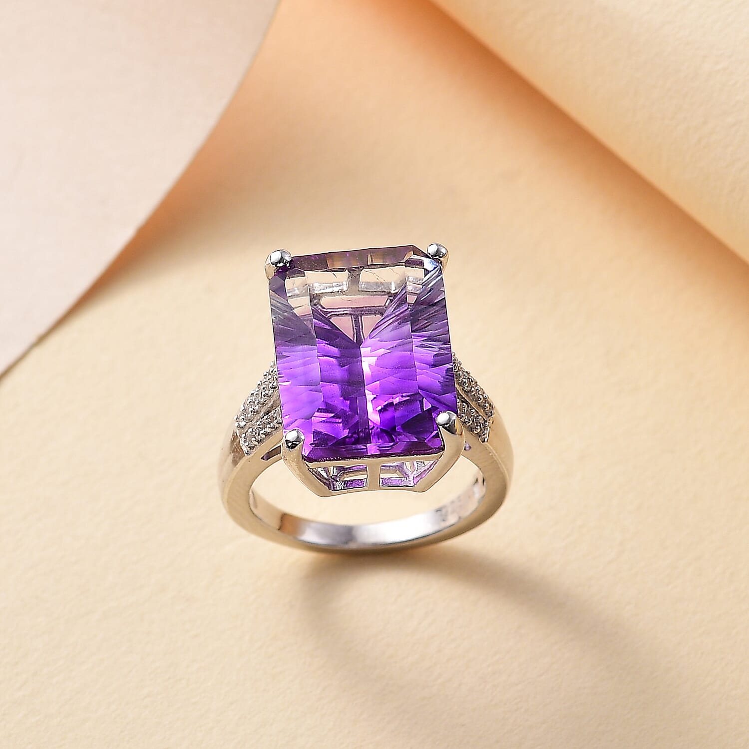 Natural Moroccan Amethyst (Concave Cut) & White Zircon Ring in Rhodium Overlay Sterling Silver 11.0 Ct