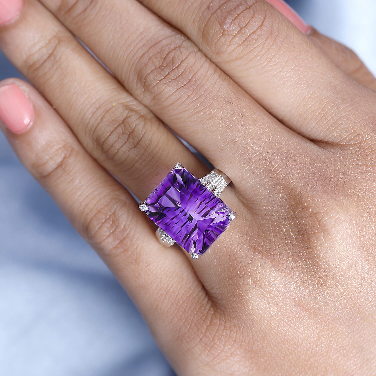 Natural Moroccan Amethyst (Concave Cut) & White Zircon Ring in Rhodium Overlay Sterling Silver 11.0 Ct