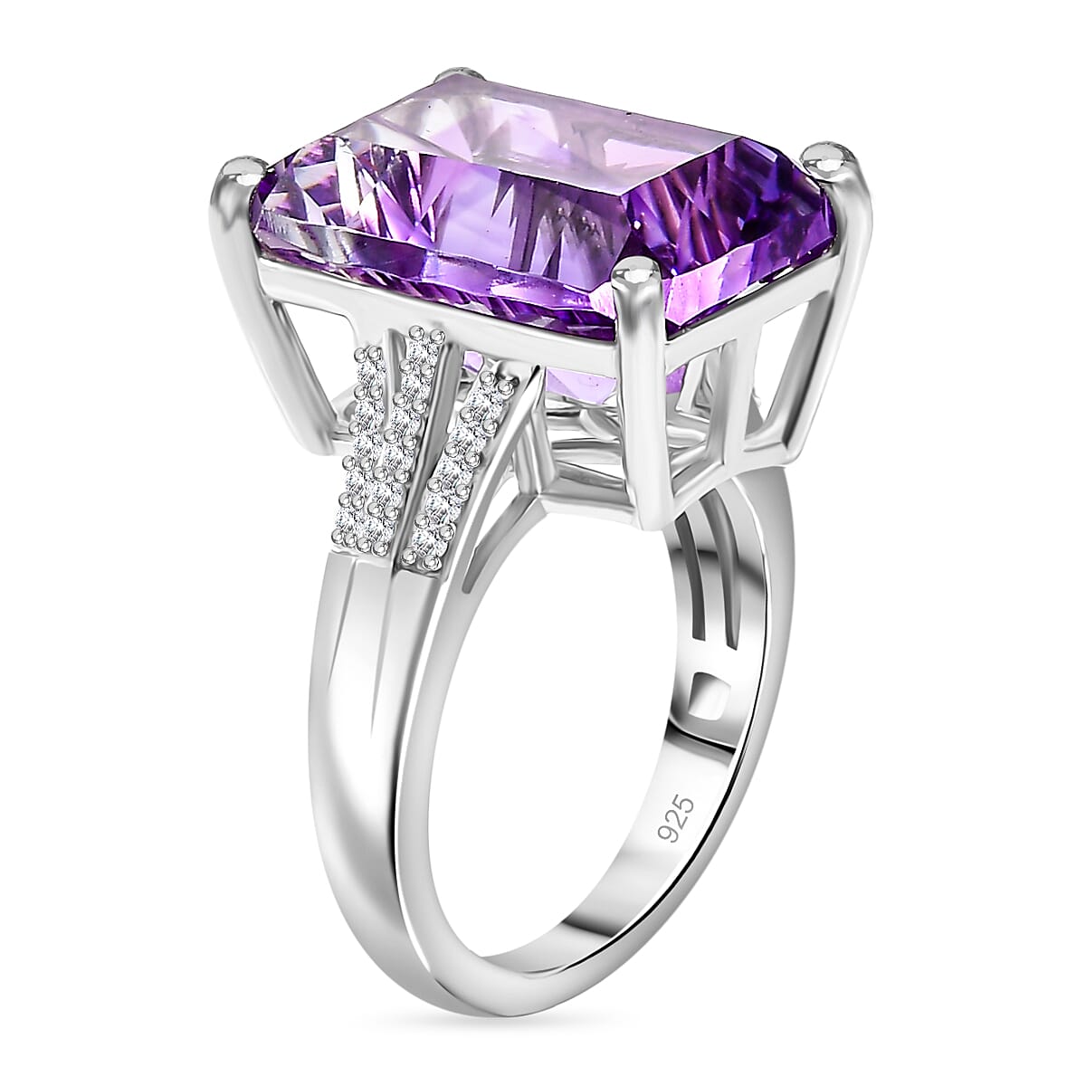 Natural Moroccan Amethyst (Concave Cut) & White Zircon Ring in Rhodium Overlay Sterling Silver 11.0 Ct