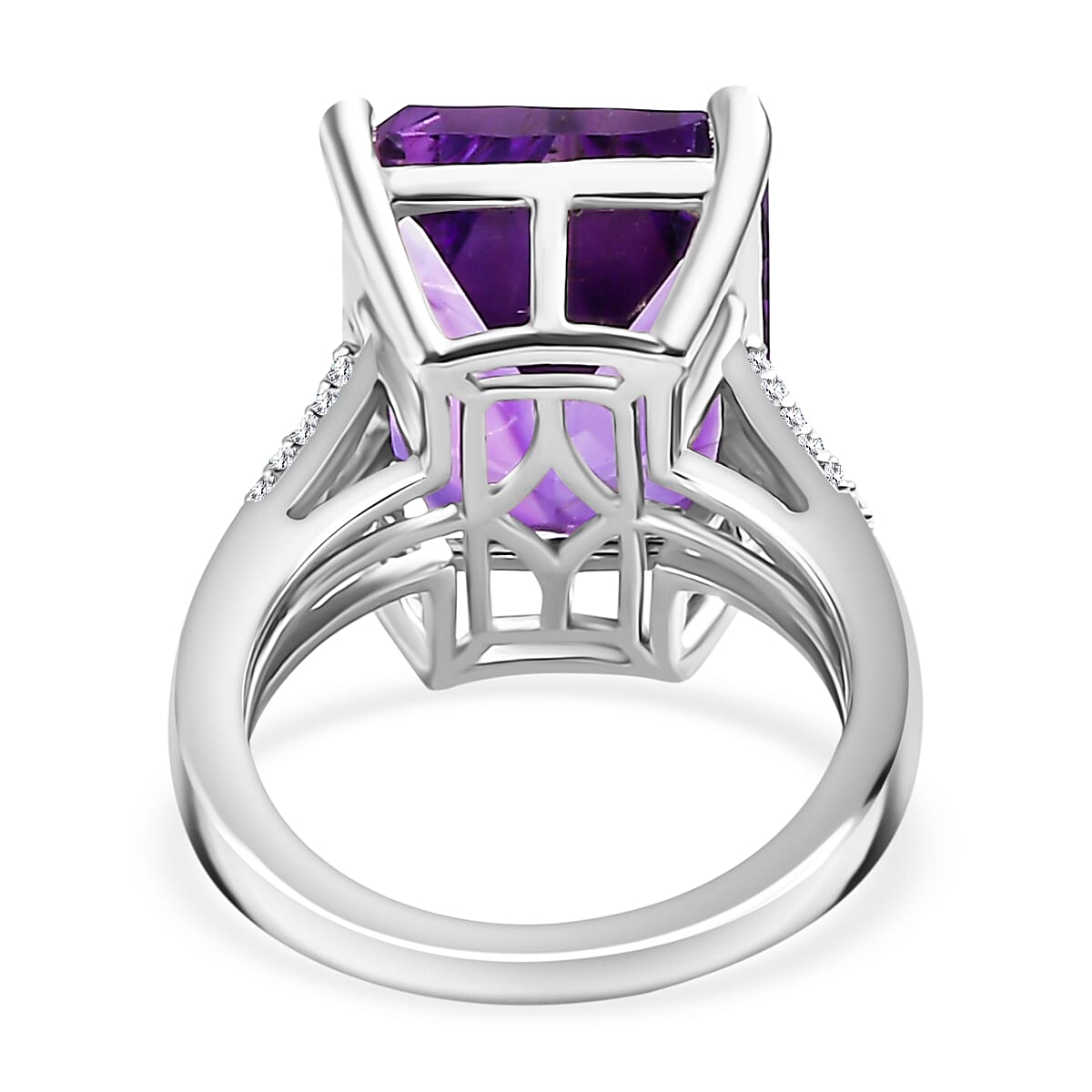 Natural Moroccan Amethyst (Concave Cut) & White Zircon Ring in Rhodium Overlay Sterling Silver 11.0 Ct