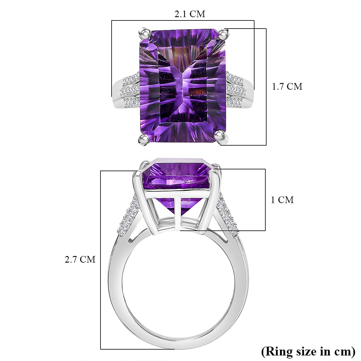 Natural Moroccan Amethyst (Concave Cut) & White Zircon Ring in Rhodium Overlay Sterling Silver 11.0 Ct