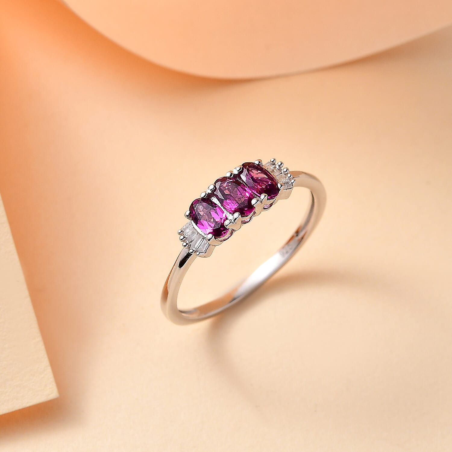 Purple Garnet & White Diamond Trilogy Ring in Rhodium Overlay Sterling Silver 0.93 Ct.