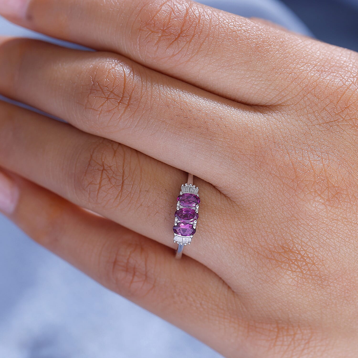 Purple Garnet & White Diamond Trilogy Ring in Rhodium Overlay Sterling Silver 0.93 Ct.