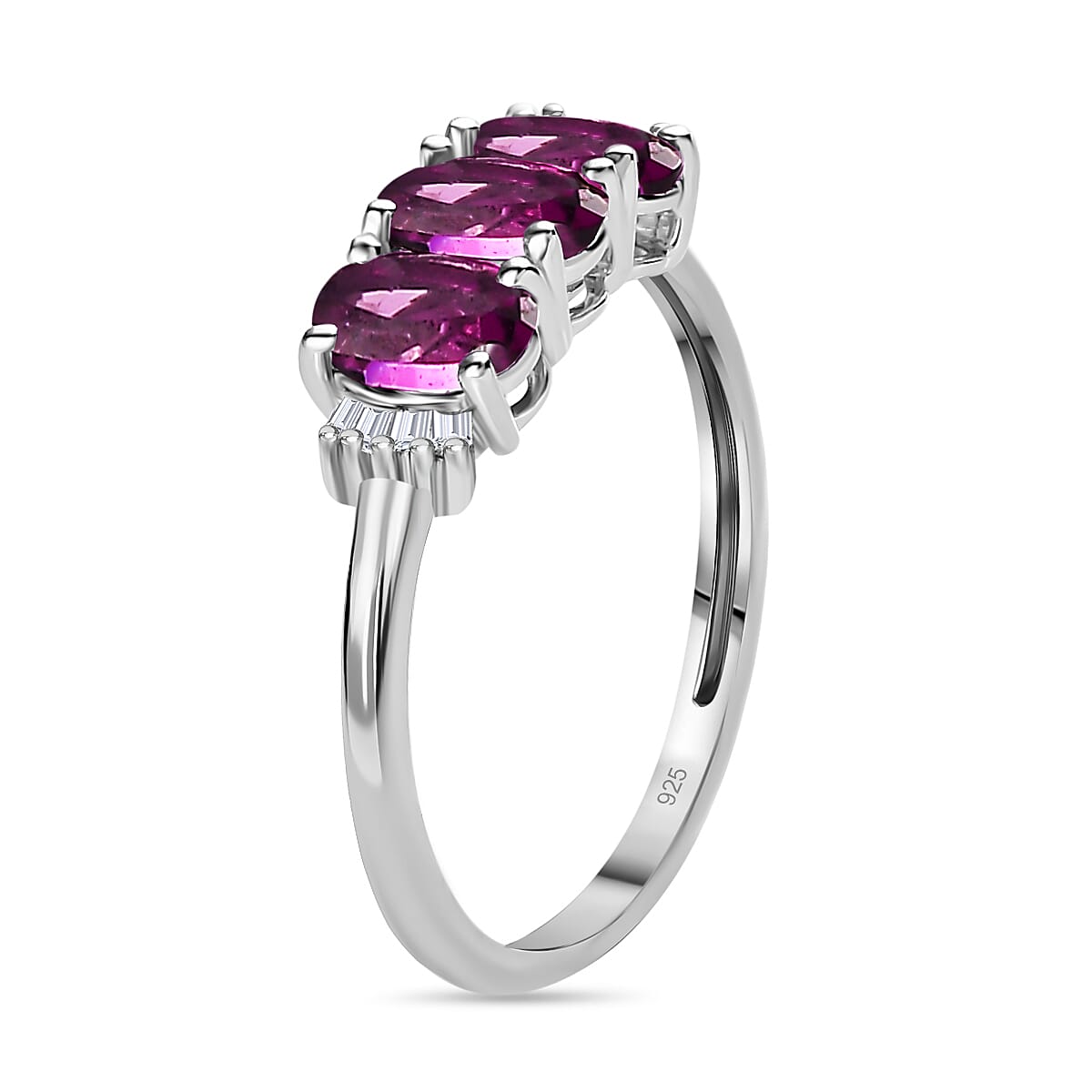 Purple Garnet & White Diamond Trilogy Ring in Rhodium Overlay Sterling Silver 0.93 Ct.