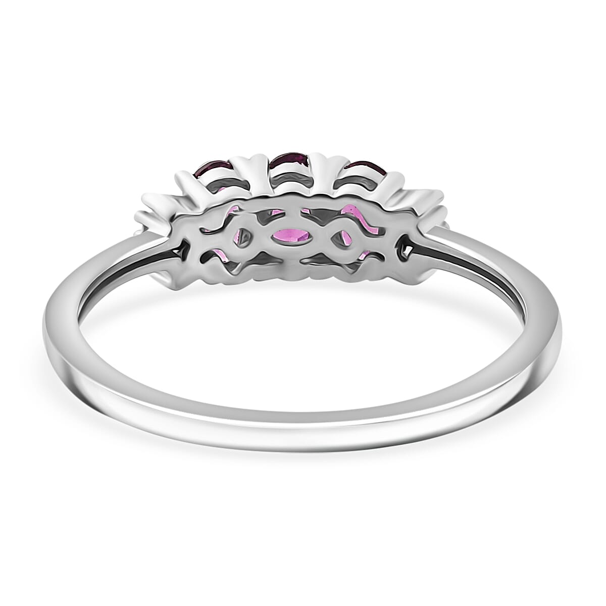 Purple Garnet & White Diamond Trilogy Ring in Rhodium Overlay Sterling Silver 0.93 Ct.
