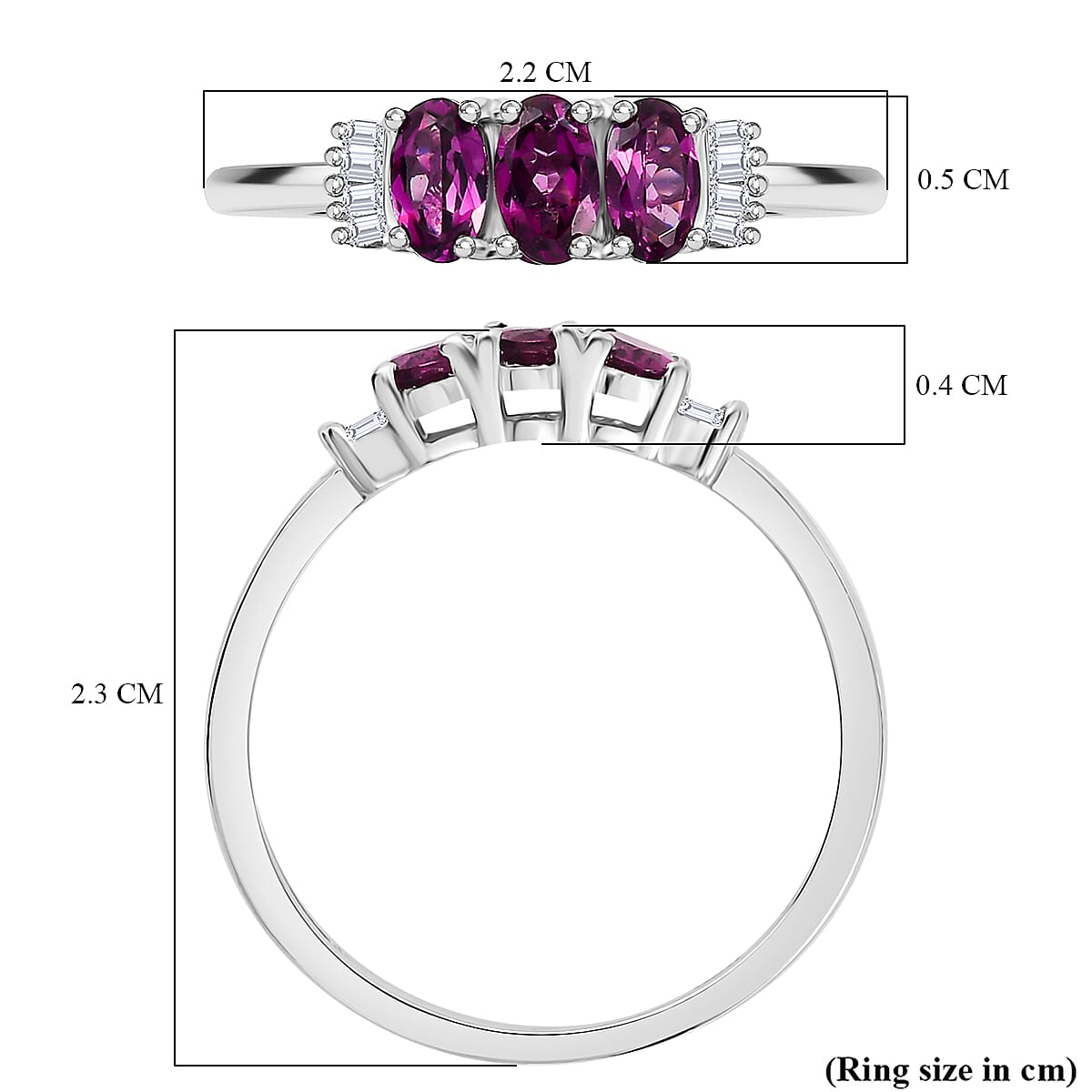 Purple Garnet & White Diamond Trilogy Ring in Rhodium Overlay Sterling Silver 0.93 Ct.