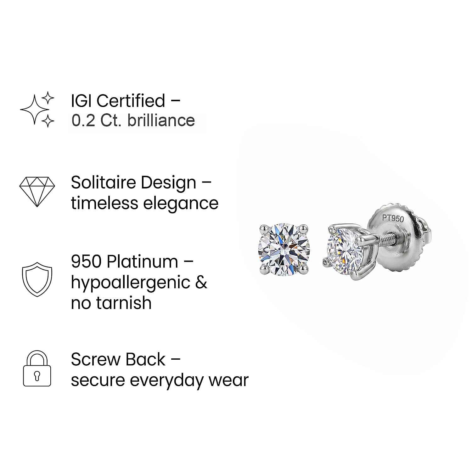 Luxuriant Diamond 950 Platinum SGL Certified Lab Grown Diamond VS-E/F Solitaire Stud With Screw Back Earring 0.2 Ct.