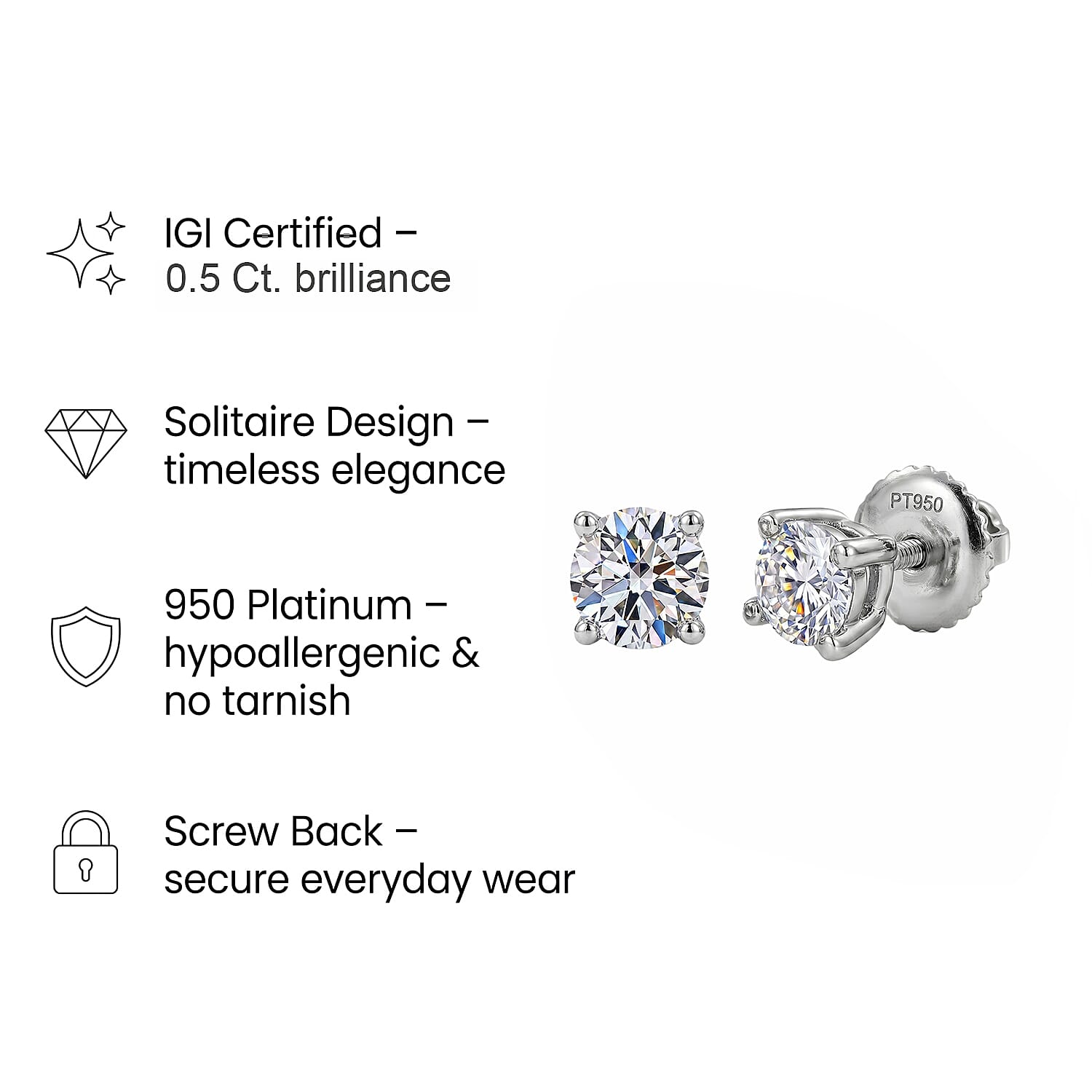 Luxuriant Diamond 950 Platinum SGL Certified Lab Grown Diamond (VS-E/F) Solitaire Stud Screw Back Earring 0.5 Ct.