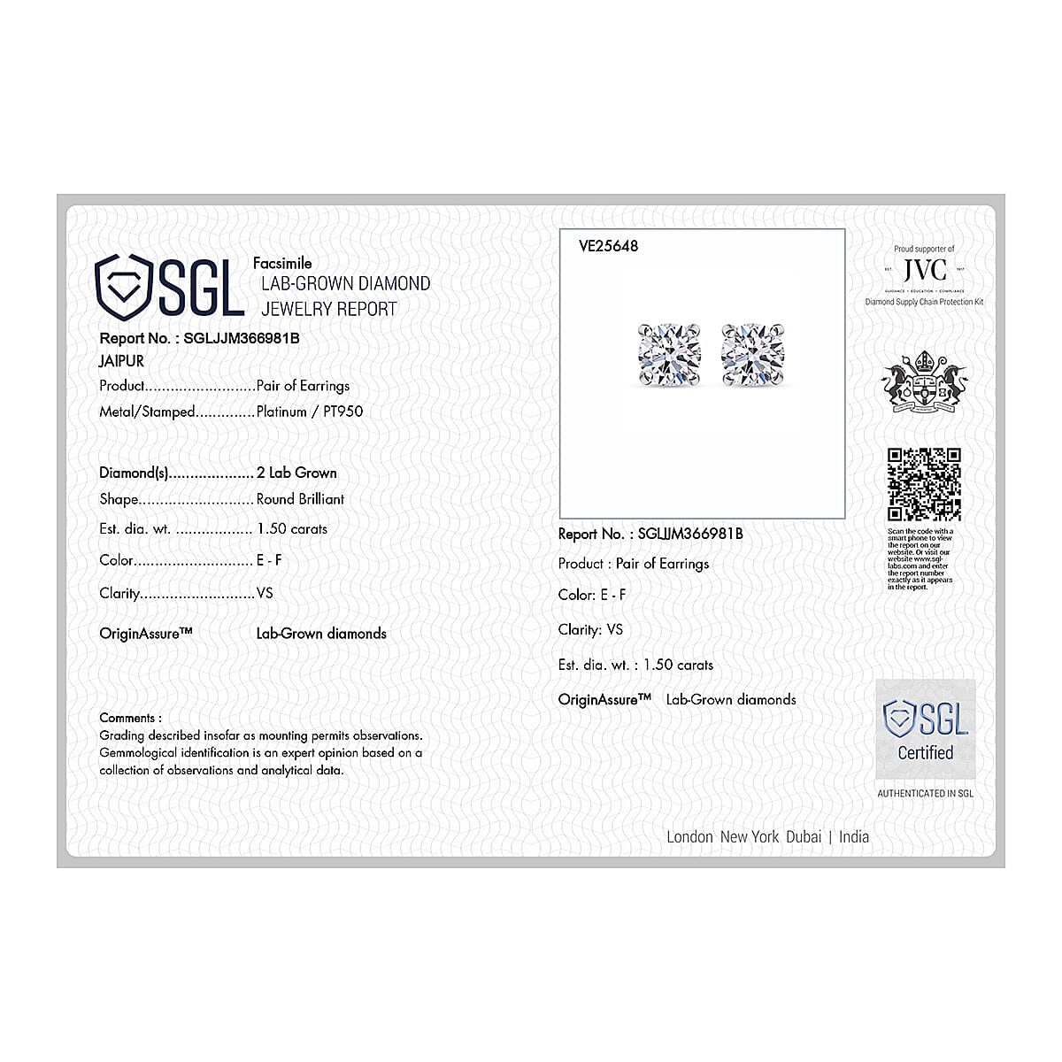 Luxuriant 950 Platinum SGL Certified Lab Grown Diamond (SI-GH) Solitaire Stud Screw Back Earring 1.50 Ct.