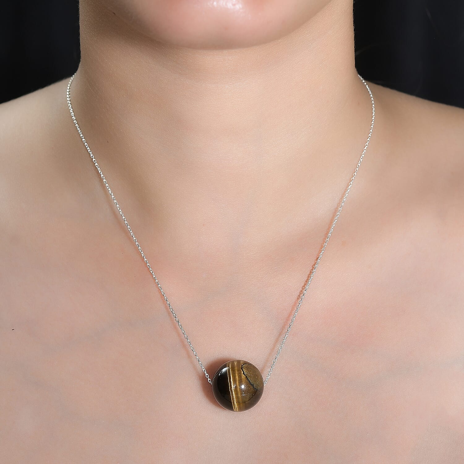 Tigers Eye Necklace (Size - 18) in Rhodium Sterling Silver 45.0 Ct.