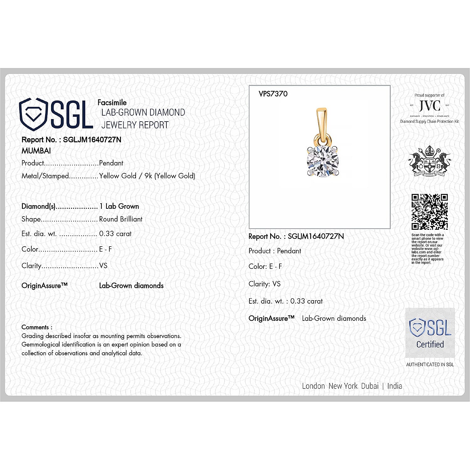 Luxuriant - 9K Yellow Gold SGL Certified Lab Grown Diamond (VS-EF) Solitaire Pendant 0.50 Ct.