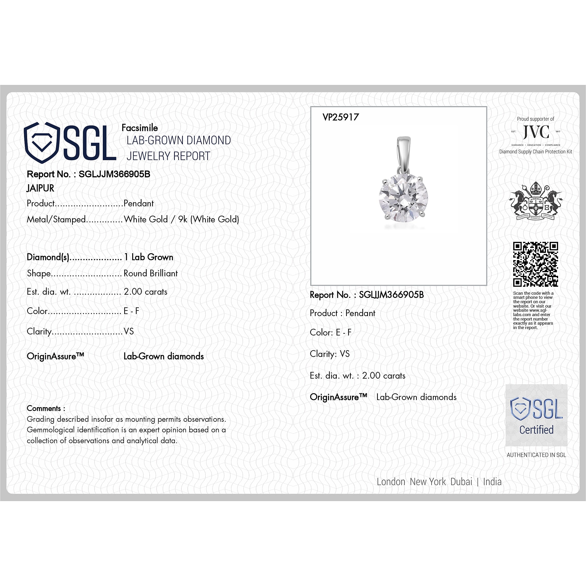 Luxuriant Diamond 9K White Gold SGL Certified Lab Grown Diamond (VS-E-F) Solitaire Pendant 2.00 Ct.