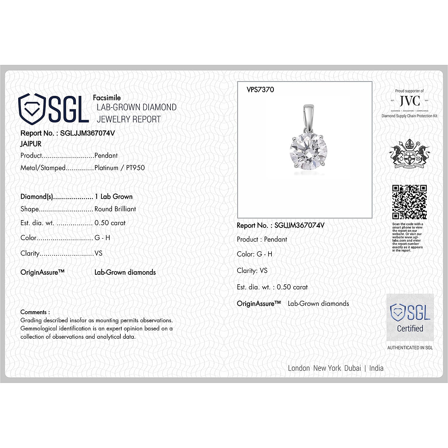 Luxuriant Diamond - 950 Platinum SGL Certified Lab Grown Diamond (VS-E-F) Solitaire Pendant