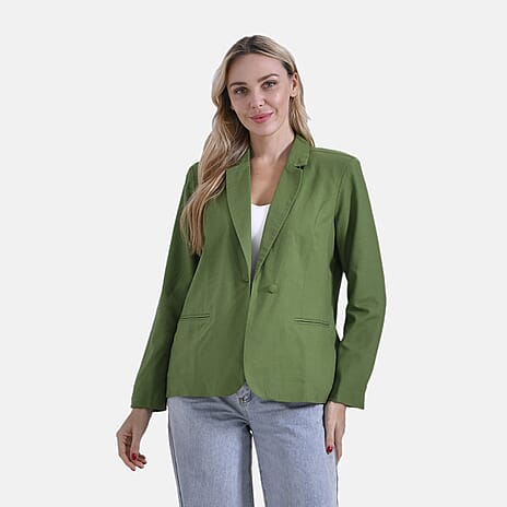 - Maisi Classic Linen Blend Long Sleeves Blazer with Notched Collar (Size L) - Green