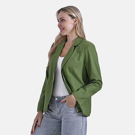 - Maisi Classic Linen Blend Long Sleeves Blazer with Notched Collar (Size L) - Green