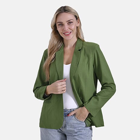 - Maisi Classic Linen Blend Long Sleeves Blazer with Notched Collar (Size L) - Green