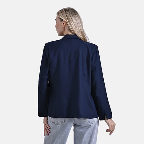 La Marey Classic Linen Blend Long Sleeves Blazer with Notched Collar (Size 12 to 14) - Navy