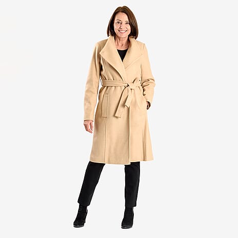 Womens Coat with Waist Belt - Camel