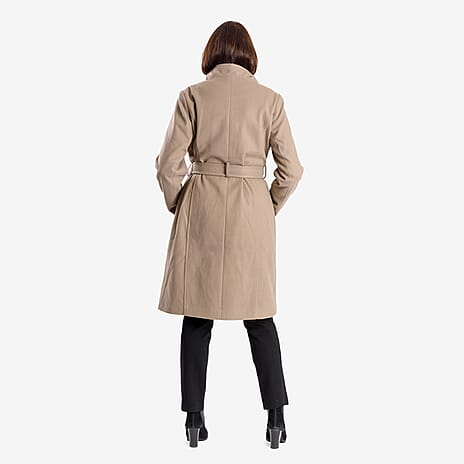 Womens Coat with Waist Belt - Taupe