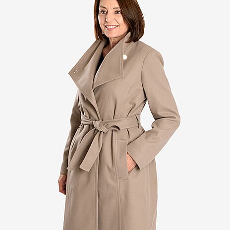 Womens Coat with Waist Belt - Taupe