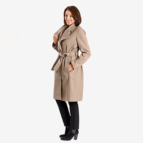Womens Coat with Waist Belt - Taupe