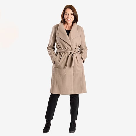 Womens Coat with Waist Belt - Taupe