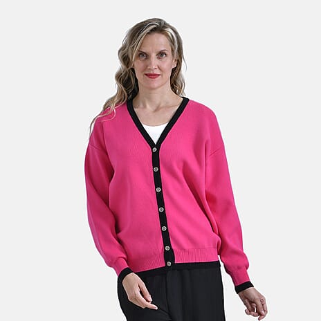 - Maisi Classic V-Neck Button Up Knitted Cardigan (Size M) - Pink - Black