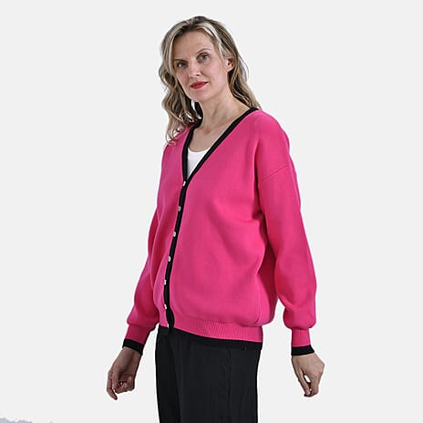 - Maisi Classic V-Neck Button Up Knitted Cardigan (Size L) - Pink - Black